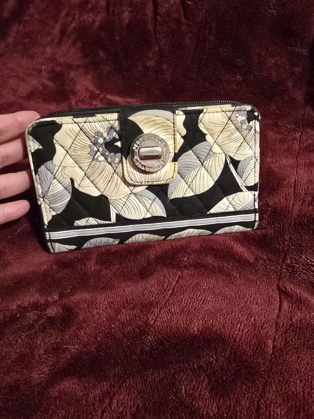 Vera Bradley Quilted Floral Zip Wallet in Black, Cream & Gray